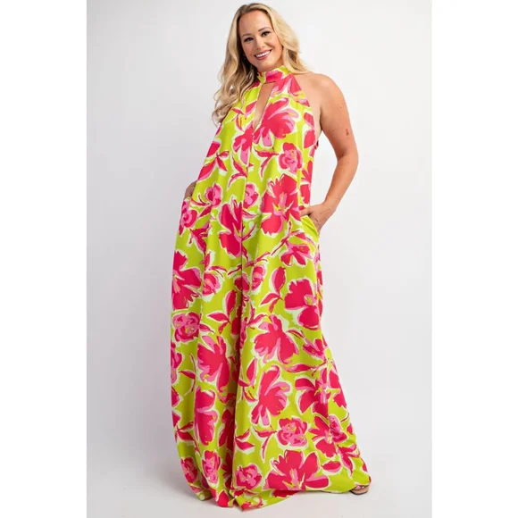 The Curve Plus 2X Lime Green Pink Floral Halter Jumpsuit - Picture 1 of 4